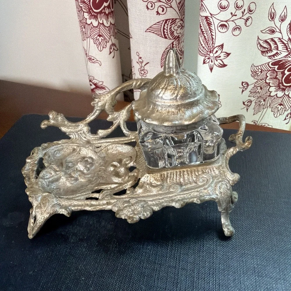 Antique Ornate Glass Inkwell Cast Metal Scroll Stand Victorian Art Nouveau